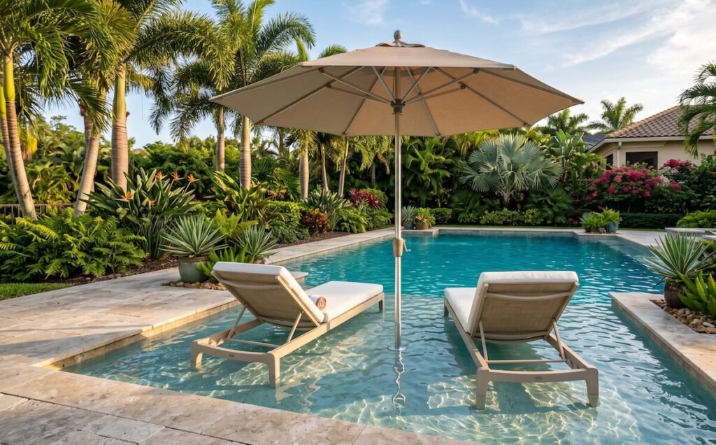 pool tanning ledge with two in-water loungers set