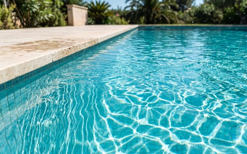 crystal-clear turquoise pool water with sunlight refracting