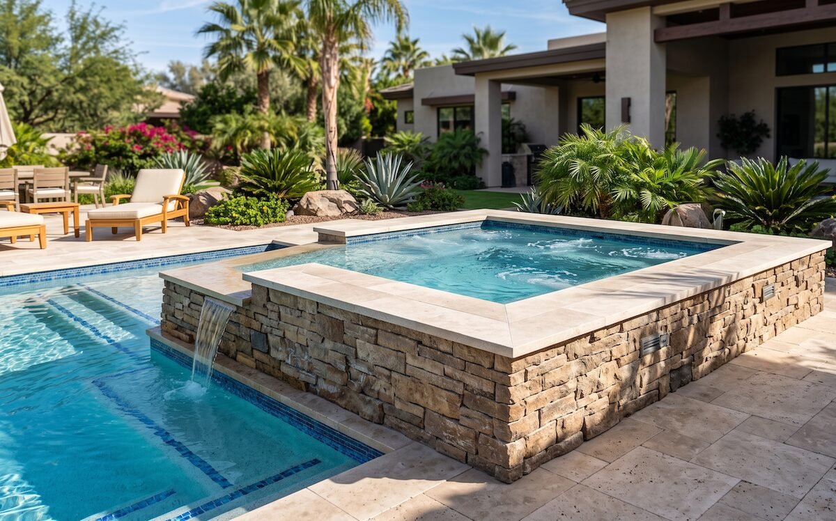 Raised spa with stone veneer spilling into a custom pool beside a home