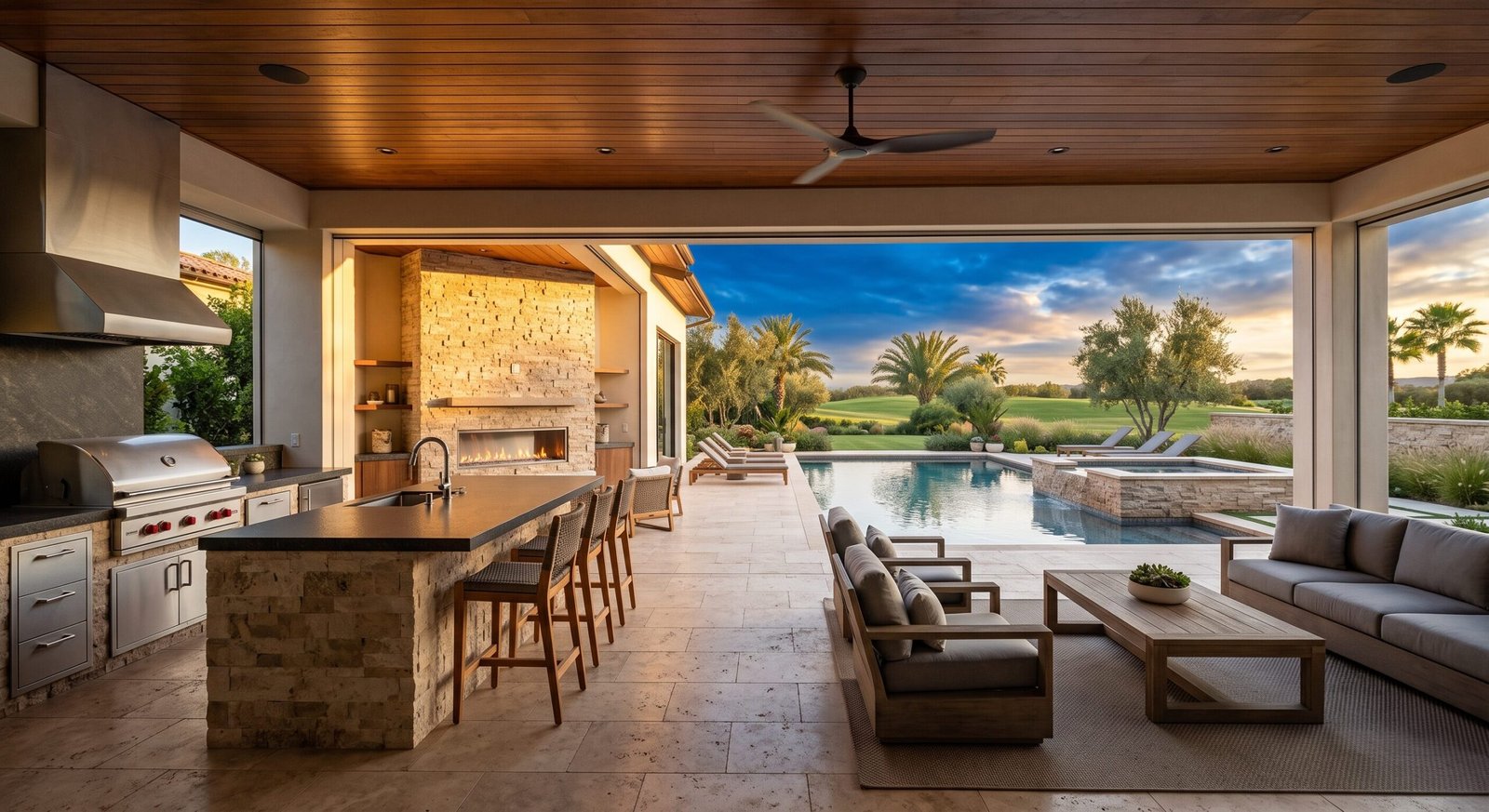 Covered outdoor living and kitchen area with bar seating overlooking a custom pool and golf course fairway