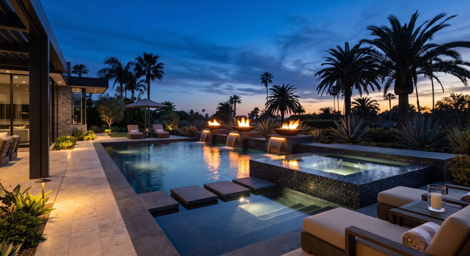 Custom resort-style pool and raised spa with glowing fire bowls, lounge chairs, and tropical palms at twilight