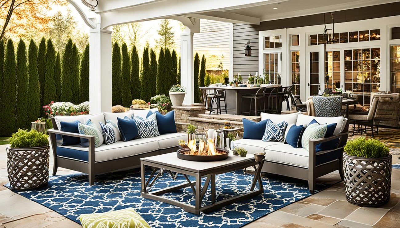 outdoor living room with a stylish outdoor rug